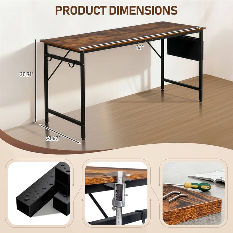 63” Computer Desk for Home Office ,Study Writing Desk with Storage, Side Hooks & Adjustable Feet