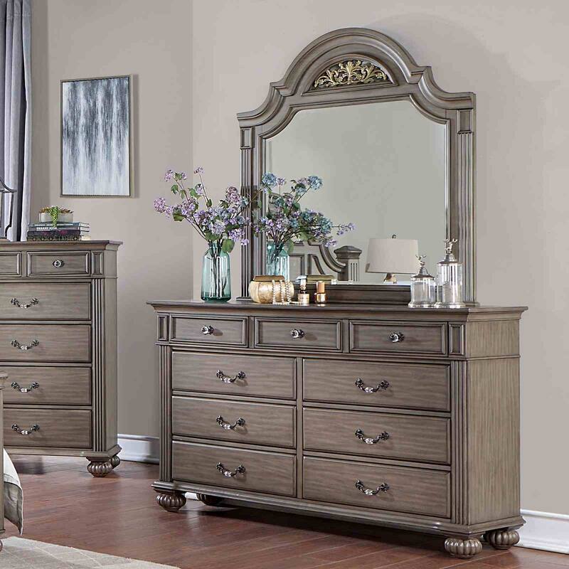 4pc Gray Finish Classic Bedroom Furniture Set Floral Design