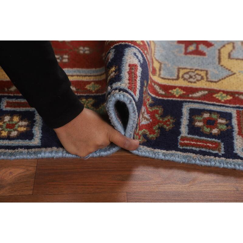 Blue Geometric Kazak Oriental Foyer Rug Handmade Wool Carpet - 4'0"x 5'10"