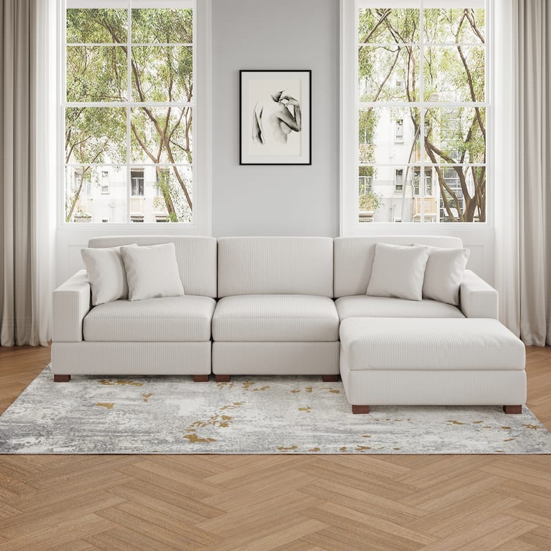 Ella 82" W/ 118" W Corduroy Modular Sectional Sofa with Ottoman - 4-Piece Beige