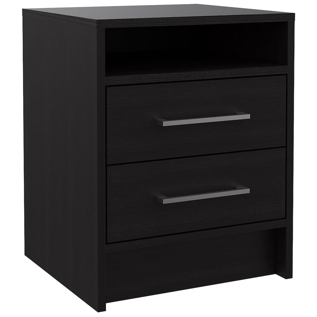 Wood 2-Drawer Nightstand with Shelf and Metal Accents