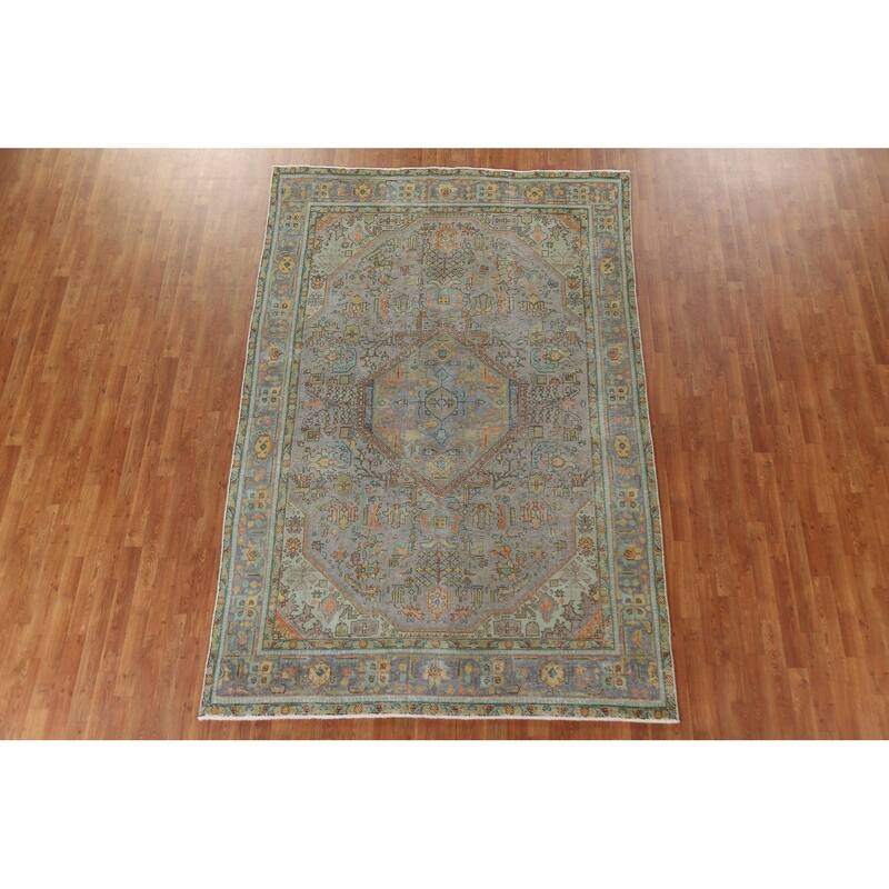 Hand Knotted Oriental 100% Wool Carpet Traditional Medallion Greys & Charcoal Tabriz Area Rug - 9' 9'' X 6' 5''