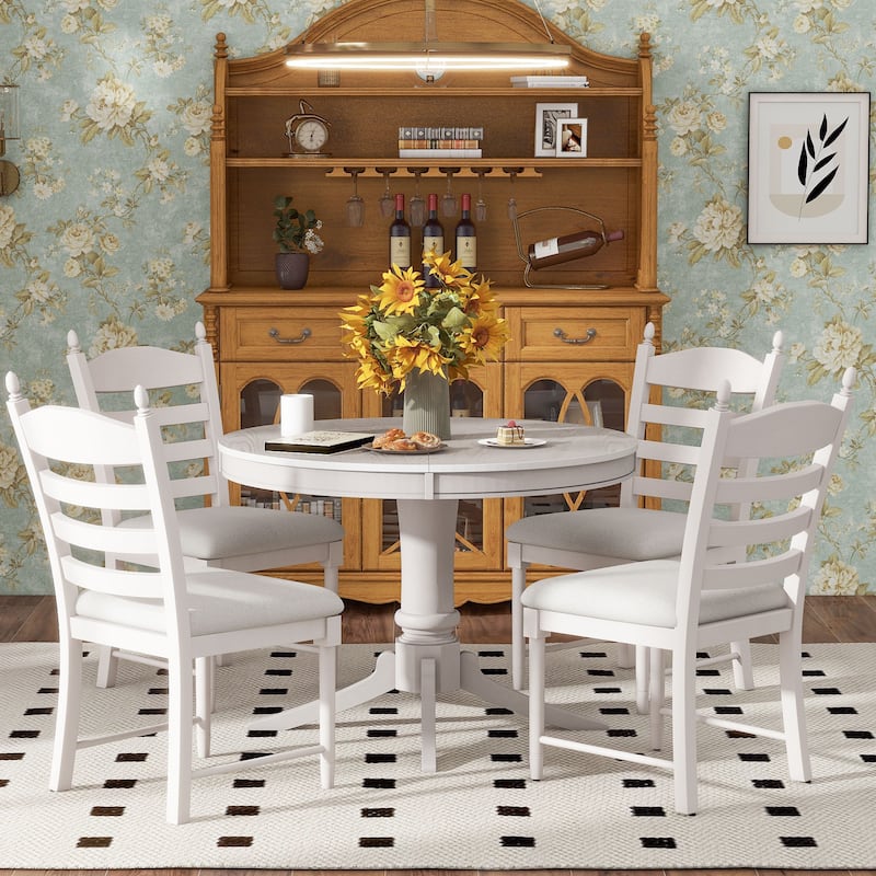 Retro 5-Piece Dining Table Set with Extendable Round Table and Upholstered Chairs for Elegant Dining
