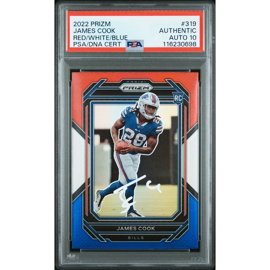 James Cook 2022 Panini Prizm Red White Blue Signed Football Rookie Card #319 Auto Graded PSA 10 Cert # 116230698 - 8' x 11'