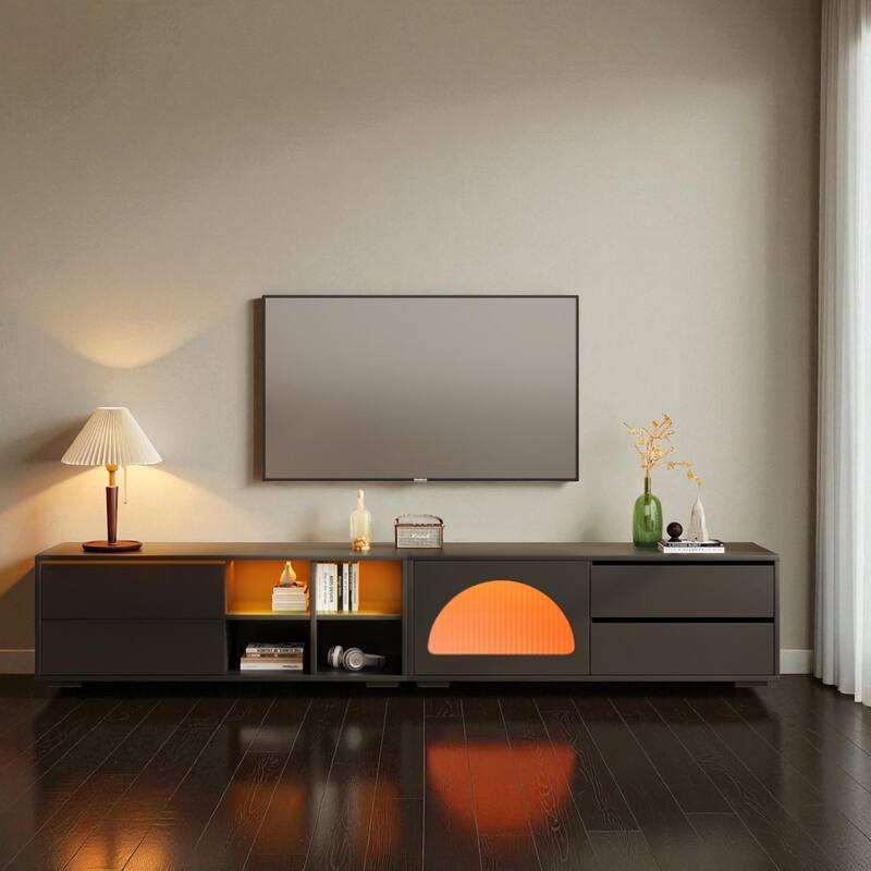 94.4" Modern TV Stand for 100" TVs, Arched Tempered Glass Door, Sliding Panel & 2 Drawers, App-Controlled LED Console - Black