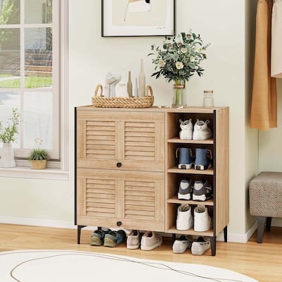 Freestanding Wood Shoe Cabinet Storage w/Flip & Slide Doors