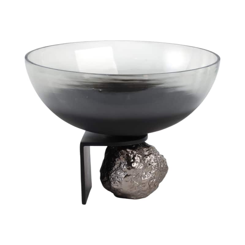 Glass Decorative Bowl with Textured Metal Base and Modern Glam Design - 14" x 14" x 11"