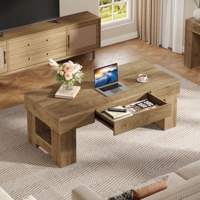 47.24-Inch Coffee Table with Drawer, Rustic Wooden Center Table