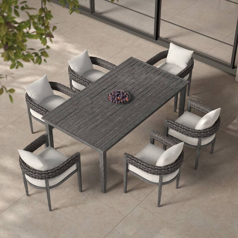7-Piece Outdoor Patio Woven Dining Set with Gray Cushions
