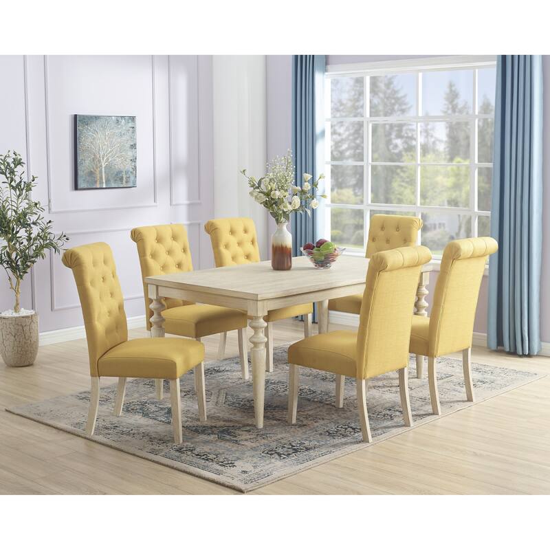 Roundhill Amonia 7-piece Dining Set, Turned-Leg Dining Table with 6 Tufted Chairs - Yellow