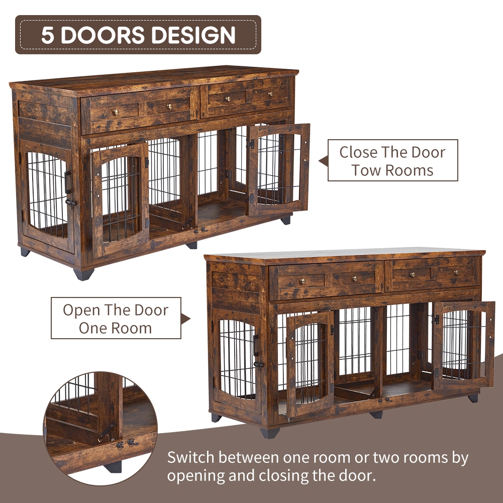 58 Dog Crate Furniture with 5 Doors Wooden Dog Kennel End Table with Large Capacity Drawers Dog House with Openable Divider grey