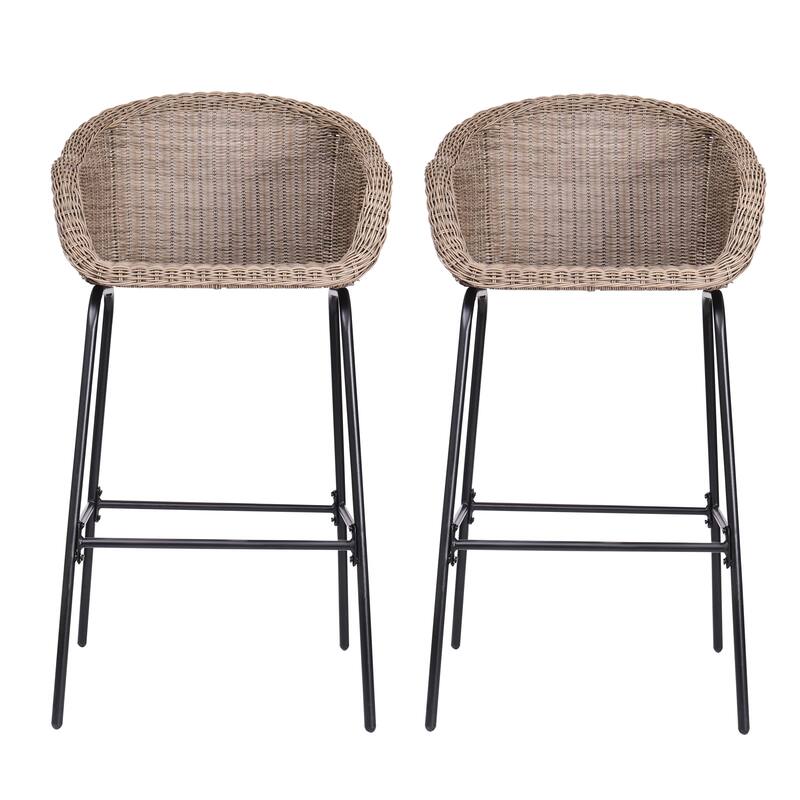 Roomfitters Ladd Outdoor Metal Wicker Barstools with Integrated Footrest, Set of 2 - Black