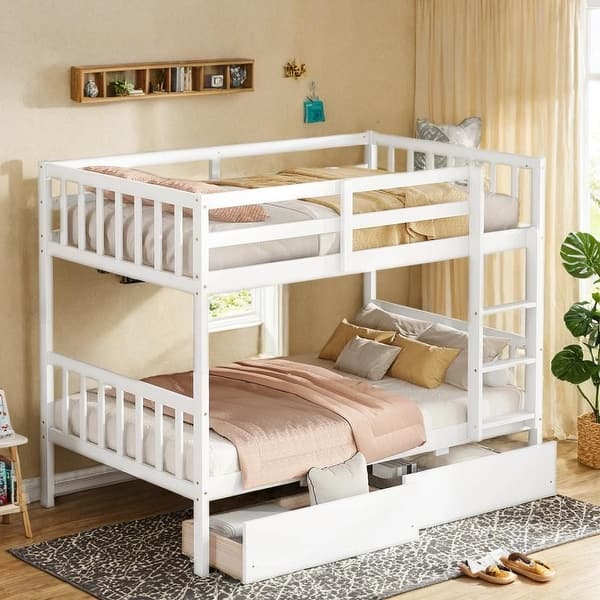 slide 2 of 12, Twin Over Twin Rubber Wood Bunk Bed with 2 Drawers, Detachable Beds White