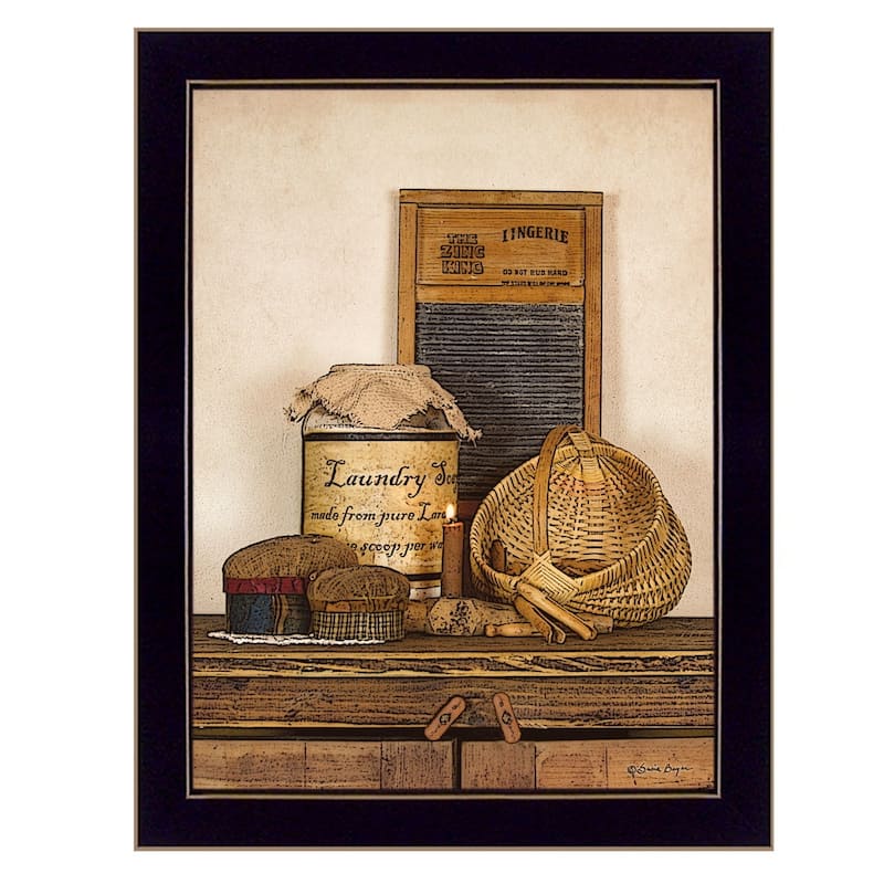 TrendyDecor4U Traditional "Laundry Soap" Framed Print Wall Art by Susie Boyer - Brown, Tan, White, Blue, Gray, Green White