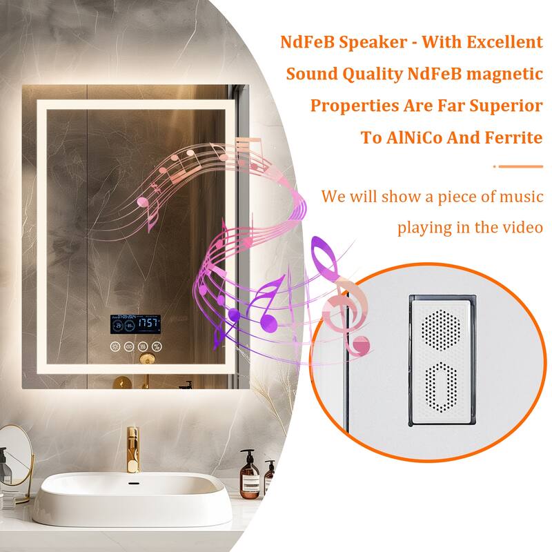 Smart LED Illuminated Fog-free Large Bathroom Mirror with Bluetooth Speakers, Digital Display