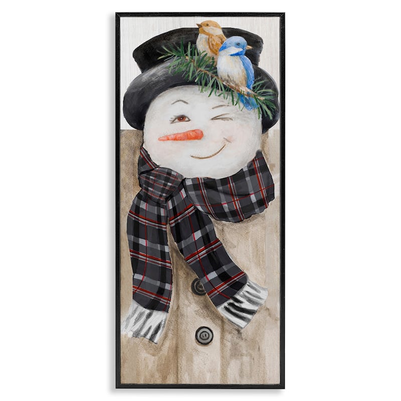 Stupell Snowman Wink Winter Birds Rustic Plaid Scarf Framed Wall Art - Multi-Color - 10 x 24 - White