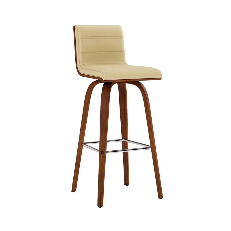 30 Inch Bar Height Swivel Stool with Walnut Finish Frame, Brown Faux Leather Seat, Modern Kitchen or Office Seating