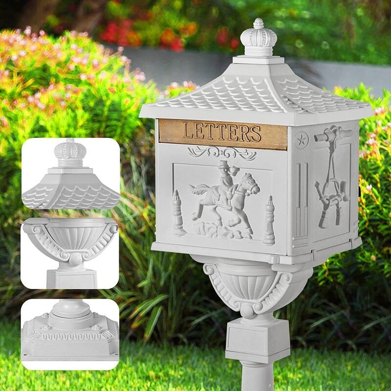 Retro Mid-century Aluminum Cast Mailbox with Post and Keys, Locking Residential Rust-Proof Security Postal Mailboxes