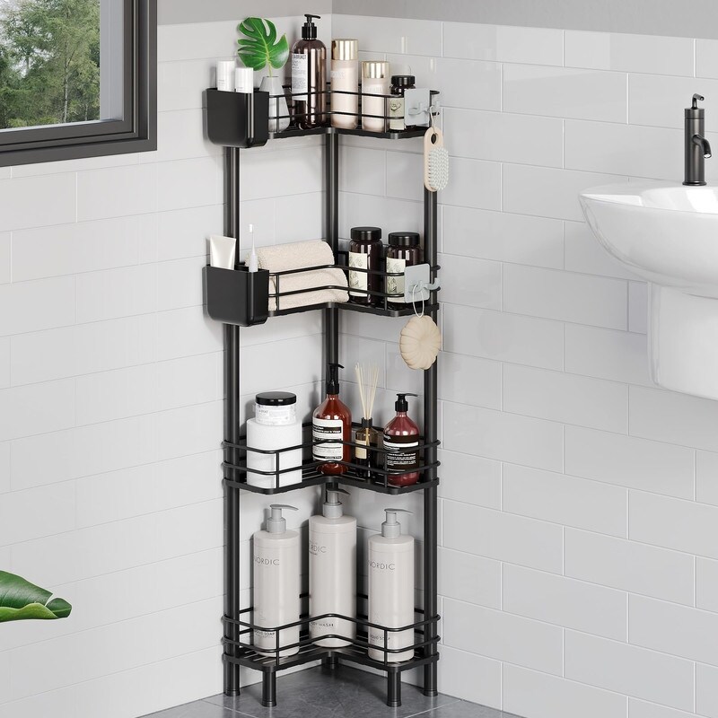 thumbnail interactive-video image 1 of Grey 4-Tier Bathroom Shower Caddy – Freestanding Floor Corner Shelf, Plastic Storage Rack For Bathtub, Rust Proof & Portable 1 of 5