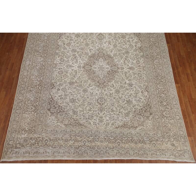 Hand Knotted Oriental 100% Wool Carpet Traditional Floral Beige & Ivories Mashad Area Rug - 12' 1'' X 9' 5''