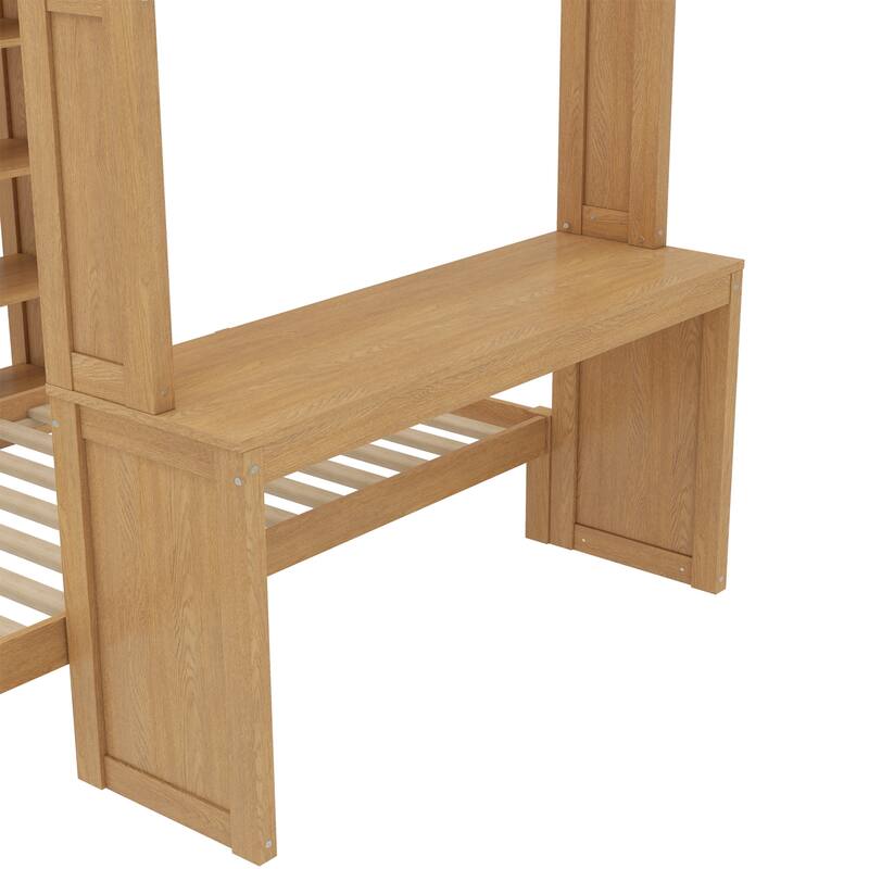 Queen over Twin Bunk Bed with Dismountable Lower Bed and Desk, Solid Wood Bunk Beds Frame with Built-in Shelves and Wardrobe