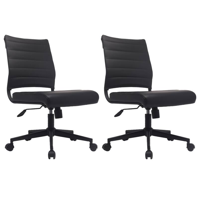Set of 2 Modern Ergonomic Executive Mid back PU Leather Office Chairs No Arms Rest Tilt Adjustable Height With Wheels - All Black