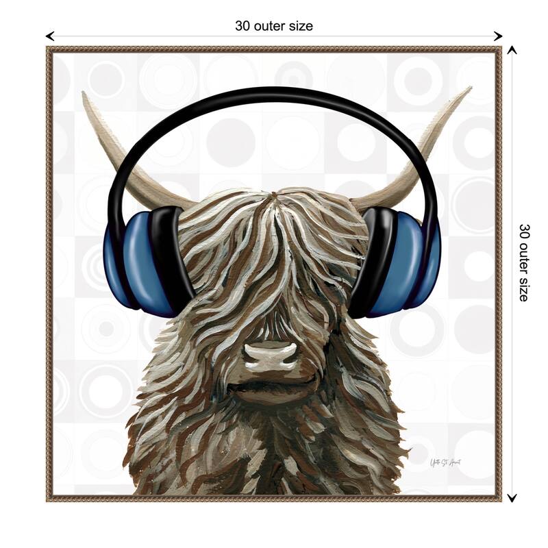 Music Cow Blue Crop by Yvette St. Amant Framed Canvas Wall Art Print - Sylvie Beaded Bronze - 30 x 30 in