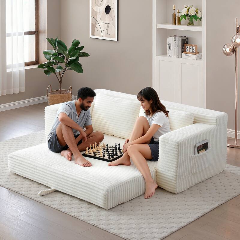 Floor Sofa Couch Convertible Sofa Bed with Storage Pockets, Boneless Pull-Out Sofa Bed for Living Room