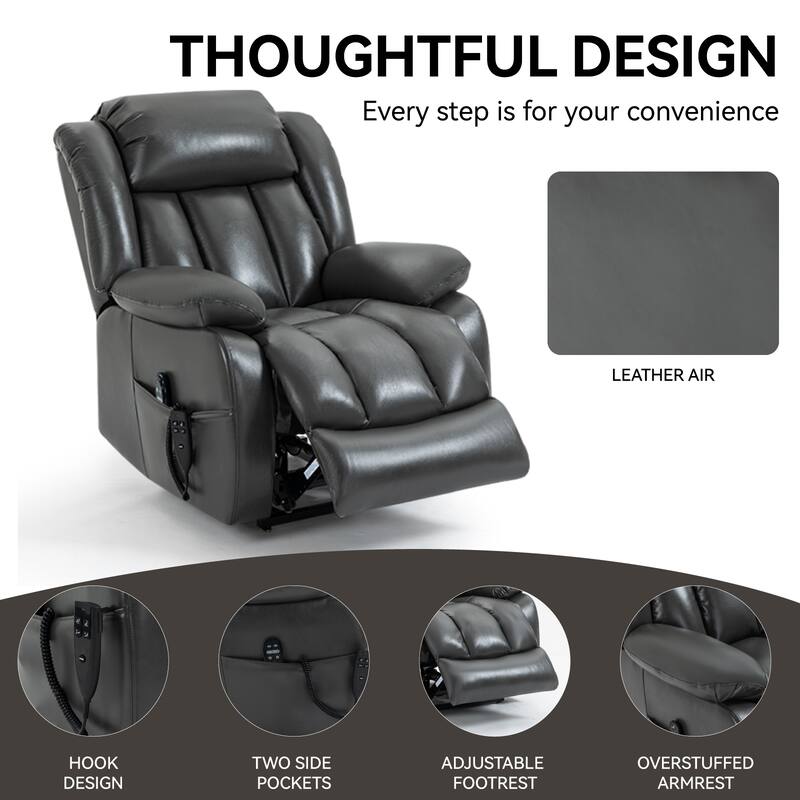 Roomfitters Dual Motor Power Lift Recliner, Infinite Position Massage Chair with 180-Degree Flat Recline, Leatheraire, Grey