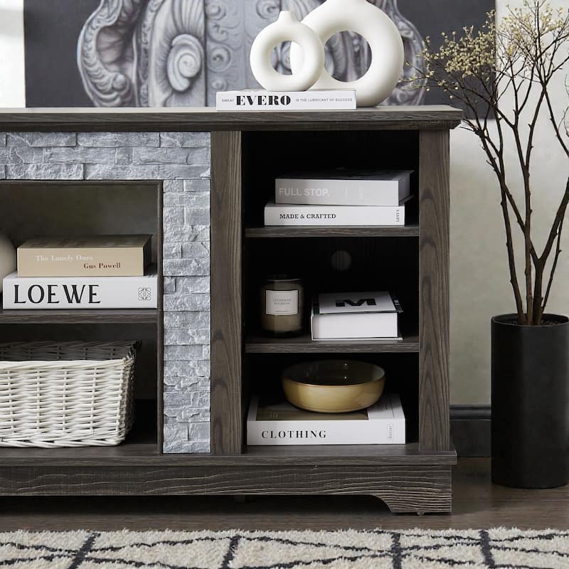 58 Inch Mantel Stone TV Stand for TVs up to 65 Inch, Media Console with Faux Stacked Stone Surround and Open Storage