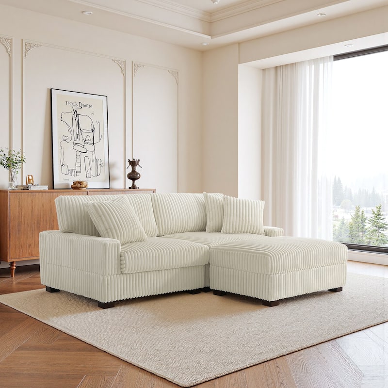 79" W Upholstered Plush Corduroy Sectional Modular Sofa with Ottoman - White