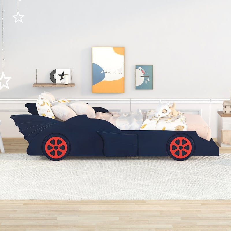 Race Car-Shaped Twin Size Platform Bed with Wheels for Kids Bedroom ...