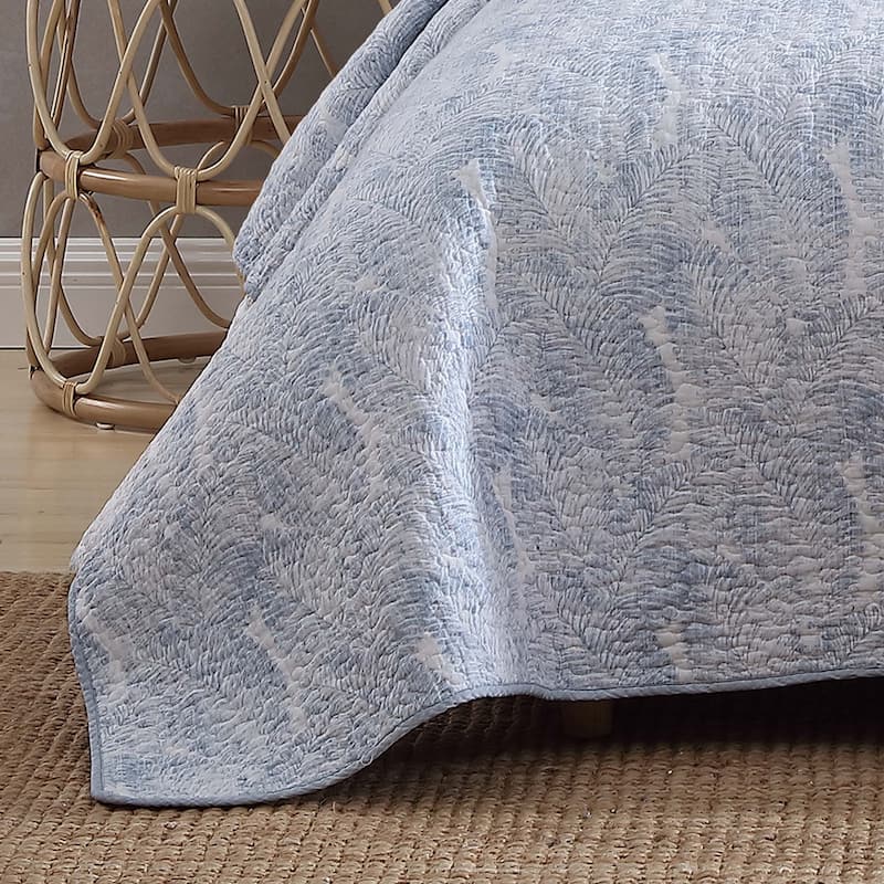Tommy Bahama Distressed Water Leaves Blue Cotton Reversible Quilt Set