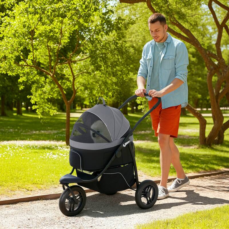 PawHut Pet Stroller for Small Dogs and Cats, 3 in 1 Dog Stroller Jogger with Detachable Carrier, Storage Basket, Gray