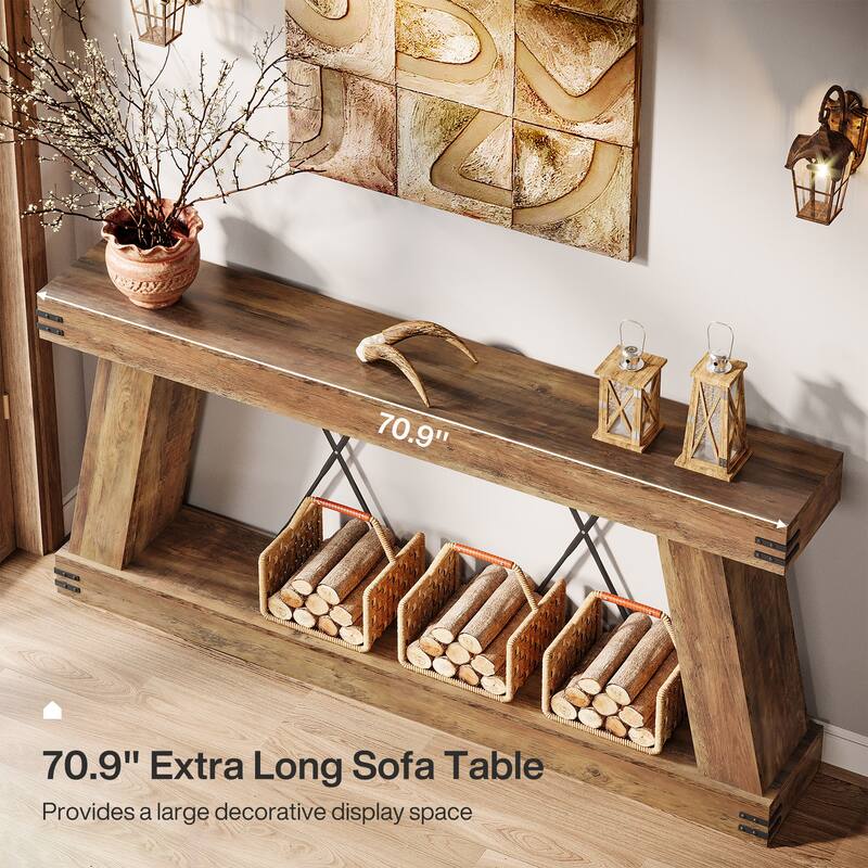 70.9” Farmhouse Console Table, Brown Entryway Table with Storage - Large
