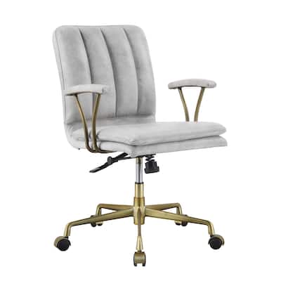 Grey Leatherette Swivel Office Chair with Channel Tufted Back, Adjustable Height and Gold Star Base