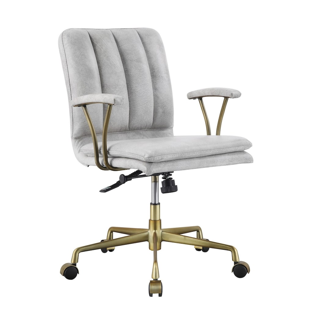 Grey Leatherette Swivel Office Chair with Channel Tufted Back, Adjustable Height and Gold Star Base