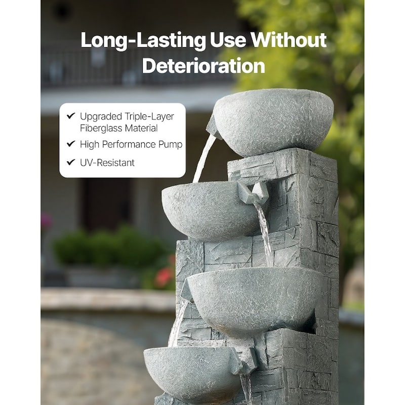 Modern Rock Grey 5-Tier Outdoor Water Fountain with LED Lights for Patio or Garden Decor - 12.99 x 12.20 x 31.50 in