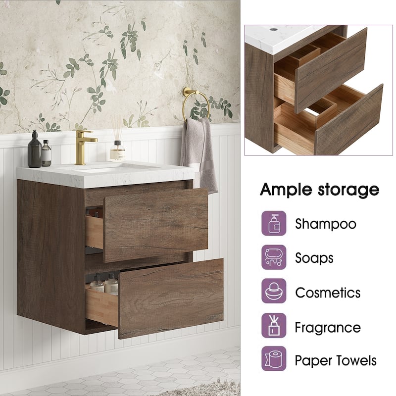Sylphar 24 inch Bathroom Vanity with Sink, Floating Oak Cabinet with Stone Top