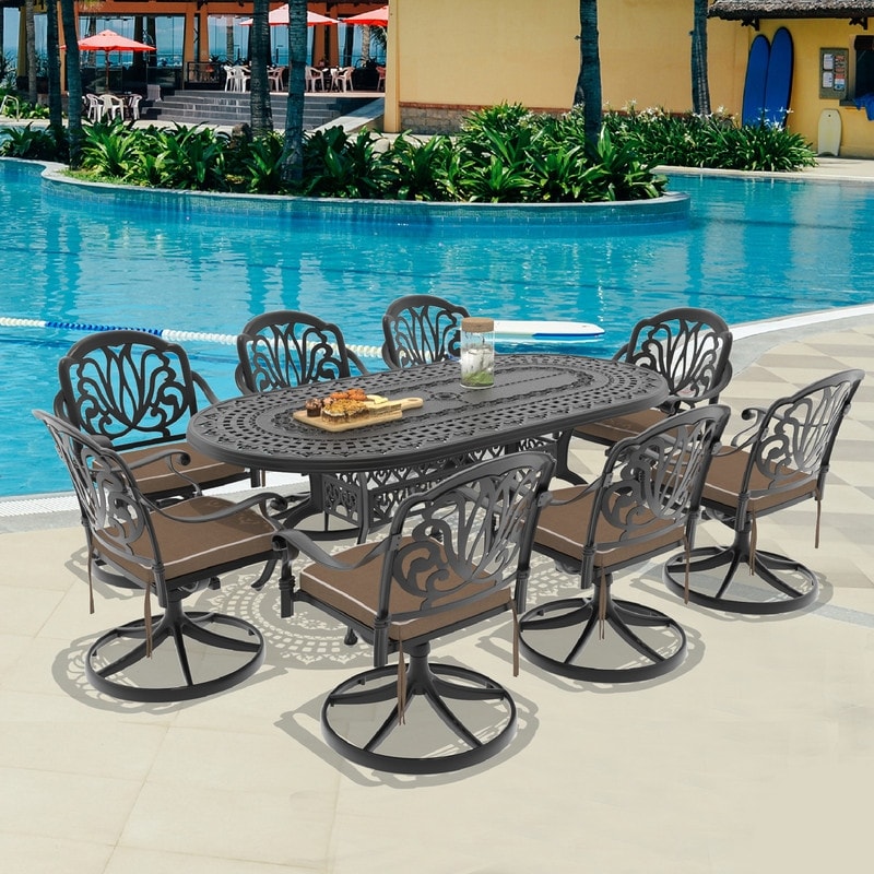 9-Piece Aluminum Oval Outdoor Patio Dining Set, 8 Cushioned Swivel Chairs, Table, All-Weather Frames