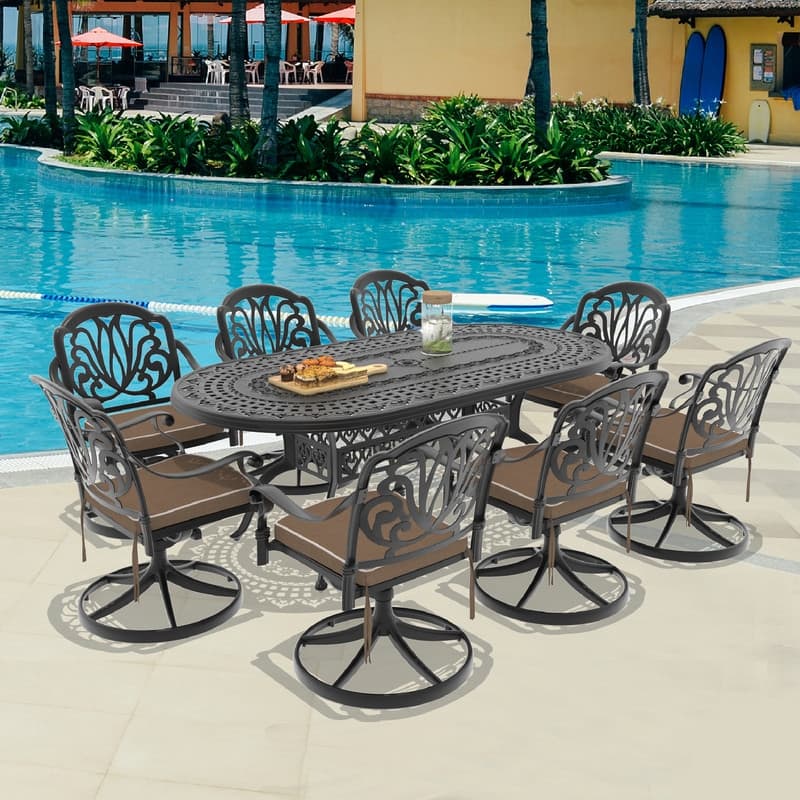 9-Piece Aluminum Oval Outdoor Patio Dining Set, 8 Cushioned Swivel Chairs, Table, All-Weather Frames