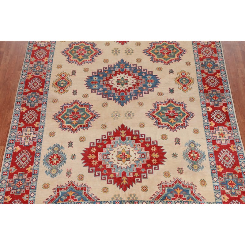 Hand Knotted Oriental 100% Wool Carpet Traditional Geometric Beige & Ivories Kazak Area Rug - 11' 0'' X 7' 9''