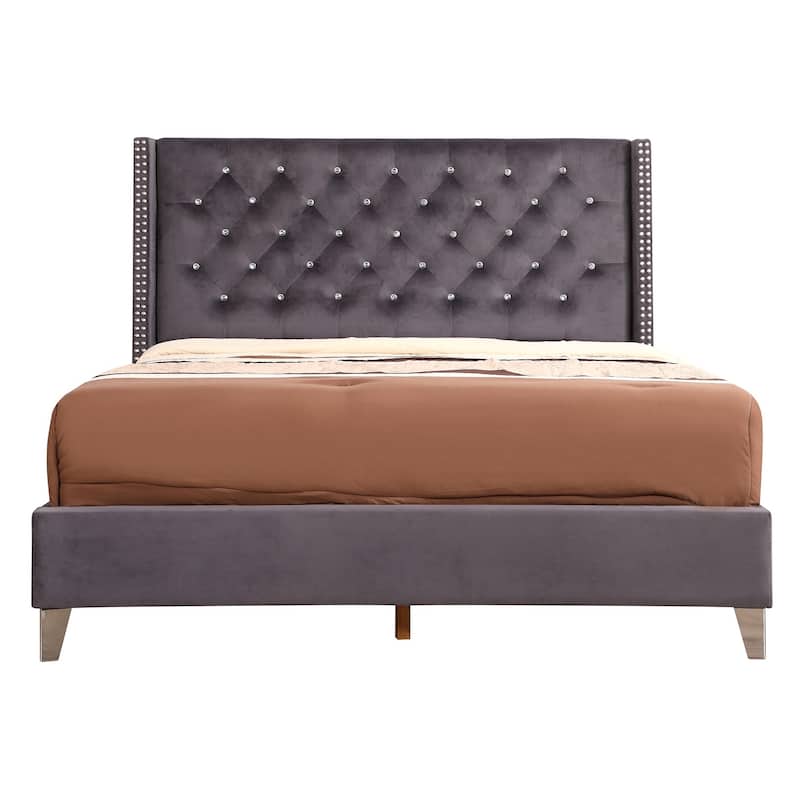 Jeweled Tufted Upholstered Panel Queen Bed - 86" - Gray