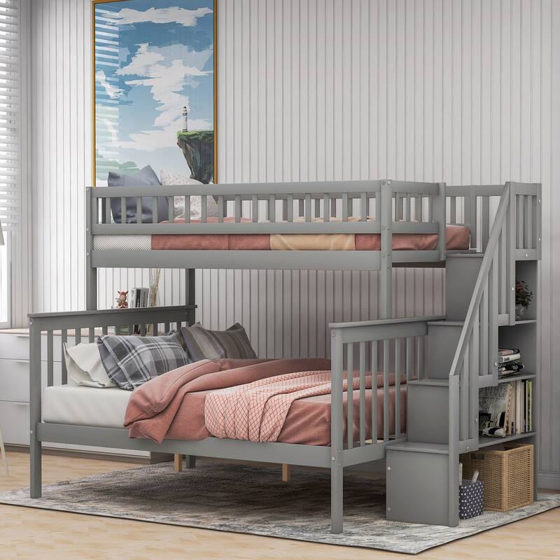 Twin Over Full Wood Bunk Bed with Storage Staircase, Convertible to Two Beds