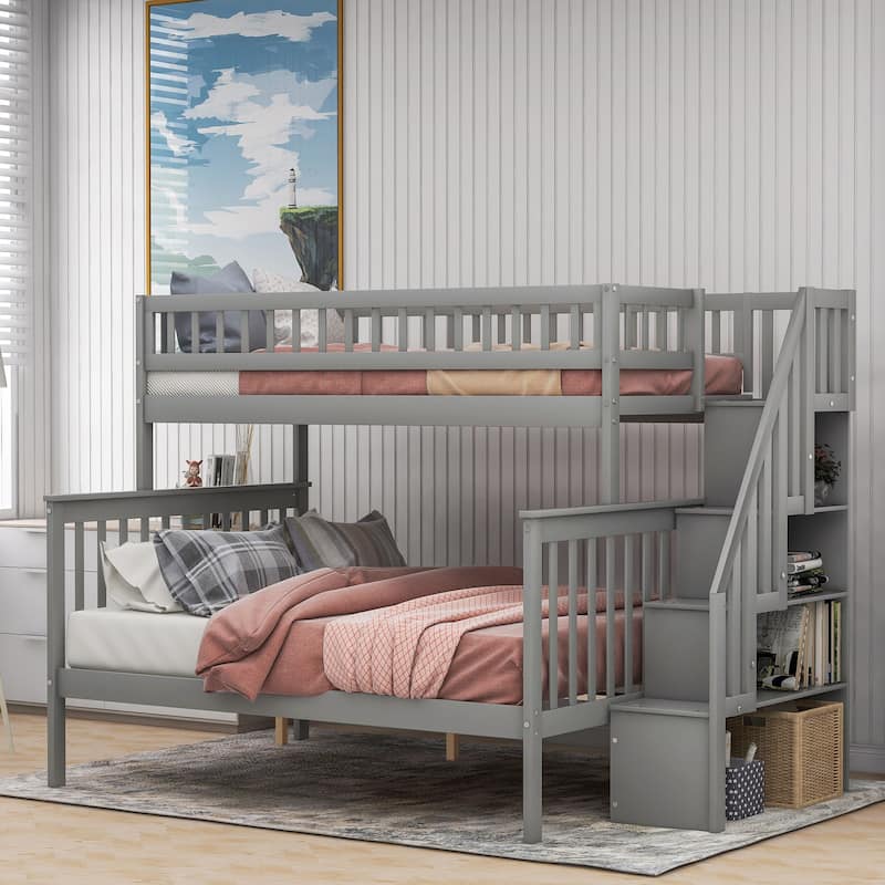 Twin over Full Stairway Bunk Bed with Stairs and Under-Step Storage Shelves, Wooden Support Bed Frame, No Box Spring Needed - Gray