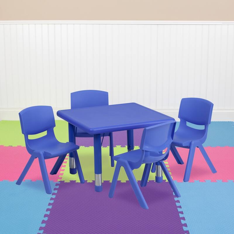 24" Square Plastic Height Adjustable Activity Table Set with 2 or 4 Chairs - 4 chairs - Blue