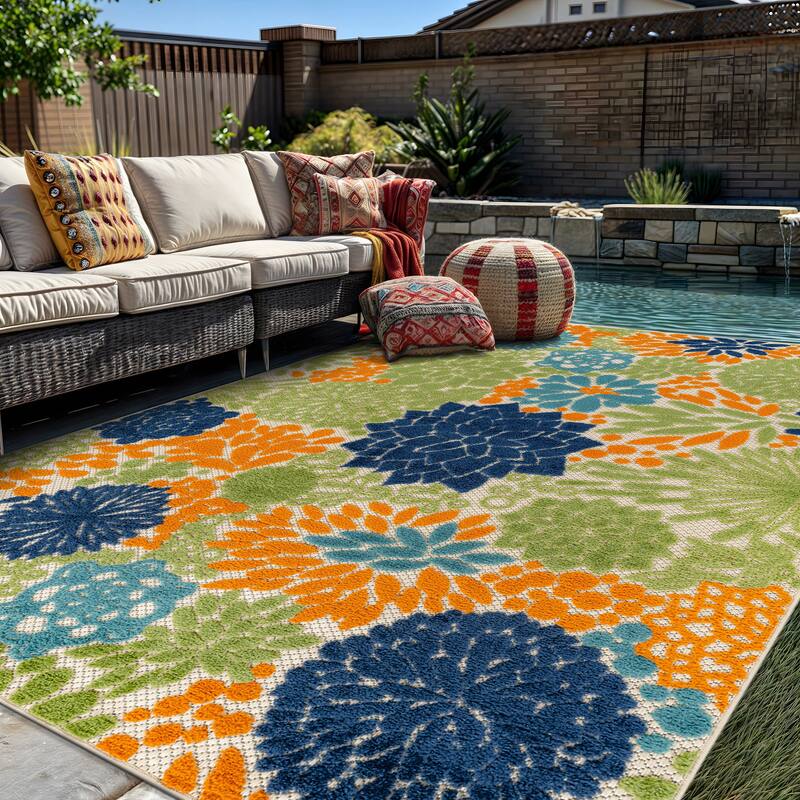 World Rug Gallery Indoor/Outdoor High-Low Textured Area Rug, Floral, Easy-Clean Patio Rug - Multi - 5' x 7'