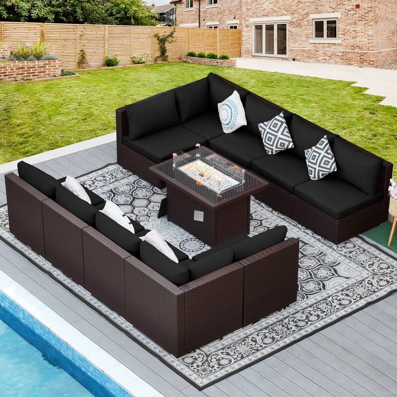 FINCATI Outdoor Wicker Patio Furniture Conversation Sectional Sofa Set - 11 PCS - Black