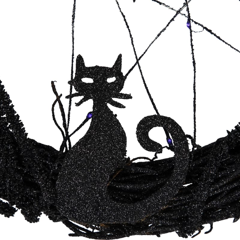LED Black Twig Halloween Wreath With Bats, 13-Inch, Purple Lights