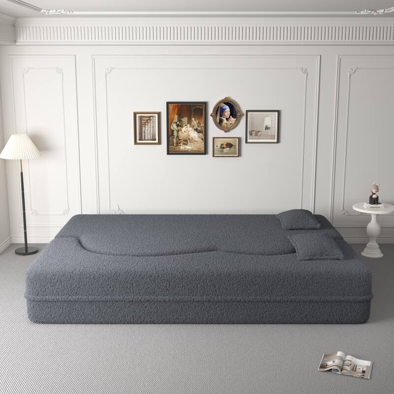 Modern Convertible Teddy Fabric Foam-Filled Sleeper Sofa Bed with 2 Pillows